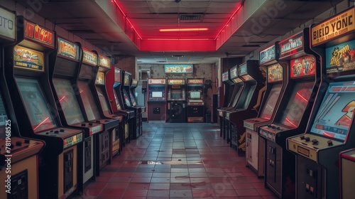 an arcade machine room with vintage slot machines on the wall