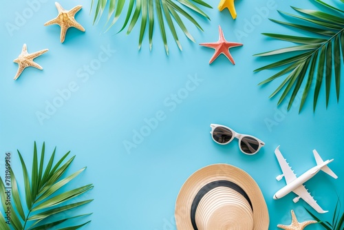 Summer holiday vibe with airplane and beach items