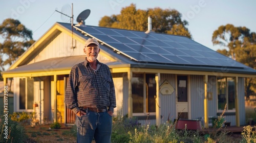 Standing proudly beside his home, a man views the solar panels above, embracing the shift to a sustainable, self-reliant energy lifestyle