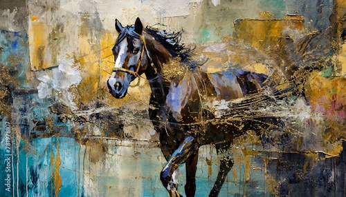 painting of modern abstract art, with metal elements, texture background, and animals and horses: 