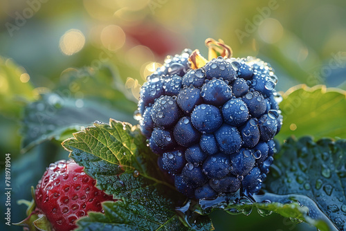 Close-up of a blackberry with a dewdrop on it