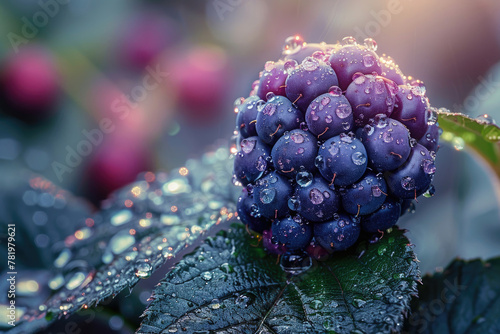 Close-up of a blackberry with a dewdrop on it