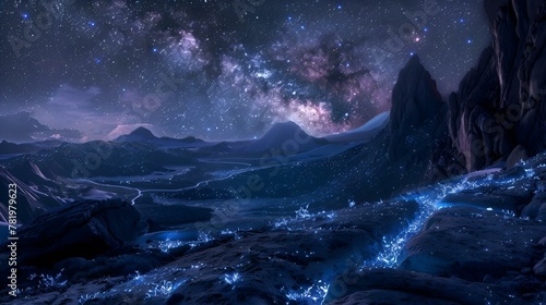 AI generated illustration of a starry sky over river in mountain valley
