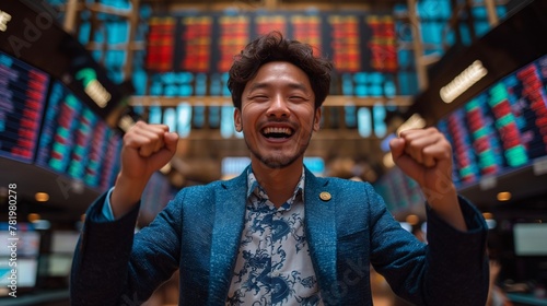 Asian man excitedly celebrating in front of stock market boards, AI-generated.