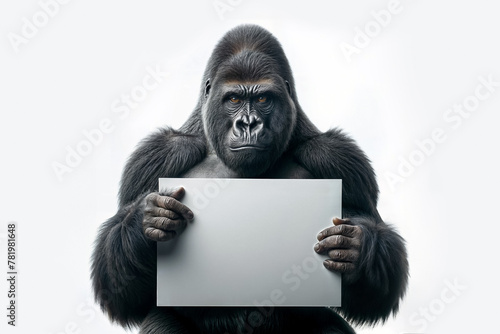 Silverback Gorilla Holding Blank Sign on White Background for Copy Space Advertisement