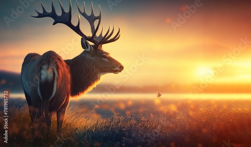 Beautiful deer on a background with a sunrise in a clearing. AI generated.
