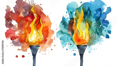 Two Vibrant Watercolor Olympic Torches with Captivating Flames Representing the Spirit and Energy of Global Athletic Competitions