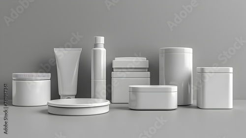 Assorted White Plastic Containers and Packaging in Various Geometric Shapes for Versatile Product Presentation and Design