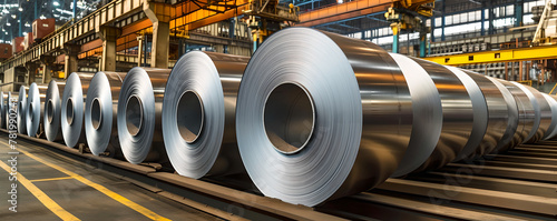 Factory warehouse with rolls of galvanized sheet steel, Large rolls of metal coils , Heavy metals , industry and commercial use ,