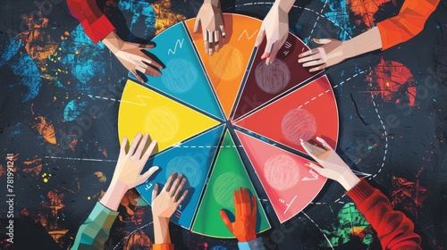  An abstract illustration of hands adjusting colorful pie chart segments, symbolizing strategic planning and teamwork in business.