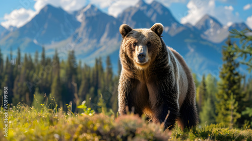 Brown grizzly bear in outdoor natural forest mountain background 