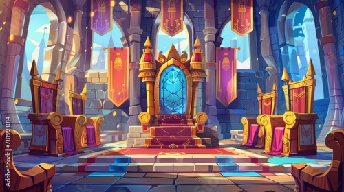 Castle hall with thrones for king and queen. Ballroom interior. Medieval palace for royal family with flags and guards with swords. Fantasy, fairy tale, video game illustration.