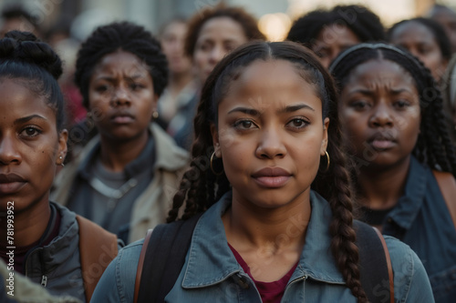 Junge entschlossene afroamerikanische Frau inmitten einer Aktivistengruppe, vereint für sozialen Fortschritt.