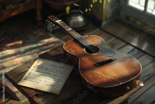 Old classical guitar with a sheet of music notes on a wooden table near the window with sunlight slightly from above. Music background 