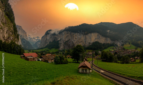 Lauterbrunnen, Switzerland beautiful morning with patchy fog during