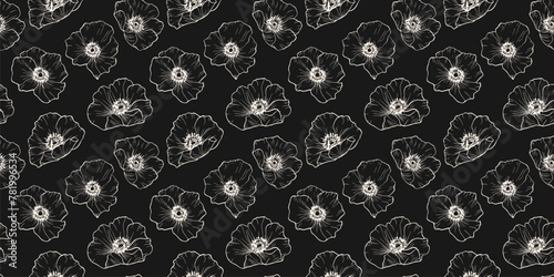 Vector botanical seamless pattern. Elegant minimal black and white floral background. Monochrome ornament with simple outline flower silhouettes, poppies. Dark repeated design for decor, cover, print