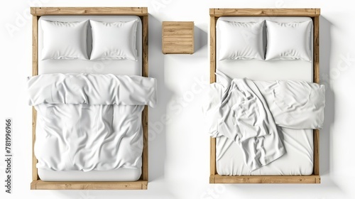Mockup of wooden bed with white sheet, pillows and duvet top view. 3D furniture for sleep isolated on white background.