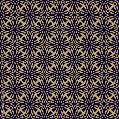 Black and gold ornamental geometric seamless pattern. Vector geometrical floral abstract background. Simple ornament texture with flower silhouettes, lattice, grid. Golden luxury repeating design