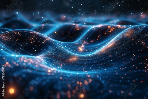 This digital art piece exhibits waves illuminated with a blue and orange glow, symbolizing a fusion of energy and tranquility within a virtual space
