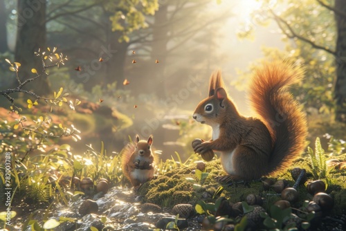 mother and child squirrel gathering acorns in a sun-dappled forest, with animated birds chirping in the trees and the gentle babble of a nearby stream