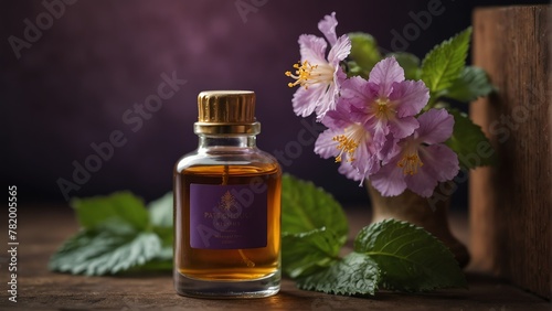 patchouli flower background with aroma therapy massage essential oil bottle from Generative AI
