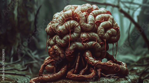 A surreal portrayal of a parasitic organism coiled around a human brain