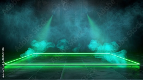 A green laser beam effect isolated on a transparent background. A neon line abstract design symbolizing a laser show with sparkles and smoke. Led broadway entertainment illustration.