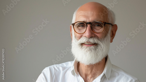 an elderly man with glasses, with a white beard, bald in a white shirt on a neutral background.