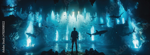 Lone diver amidst the majestic underwater cavern illuminated by bioluminescent light. A diver stands in awe within a stunning, bioluminescent-lit underwater cave as sharks swim by