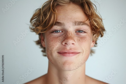 A handsome guy with freckles and blue eyes on a light background.