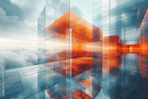 Brilliant orange elements accentuate a futuristic high-rise building design on a backdrop of clouds