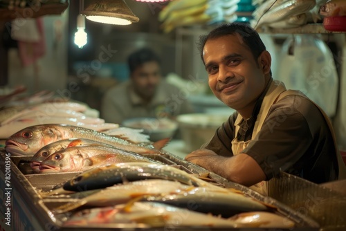 The fish seller is behind the counter.