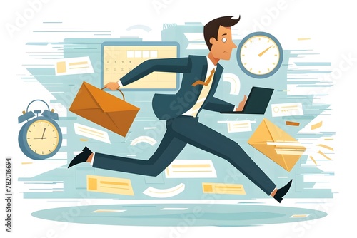 business man runs holding a laptop and look at calendar and alarm. business documents and setting icon behind him. deadline concept 