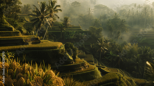 A photo of A traditional Indonesian rice terrace cascading down the hillside in Ubud, Bali