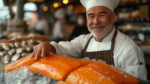 Experienced chef holding large speckled trout fish market. Gourmet seafood concept, gastronomy
