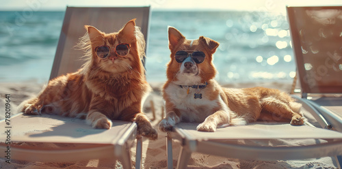 Cute fluffy cat and dog in sunglasses sunbathing on the beach