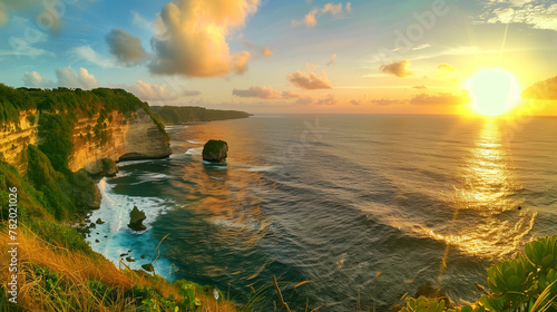A photo of The dramatic cliffs and pristine beaches of Nusa Penida bathed in the warm glow of sunset
