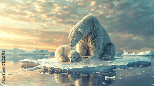 Mama polar bear with her cubs sitting together on a small ice floe in the arctic waters. Sad conceptual picture depicting melting icebergs due to climate change, global warming and endangered species