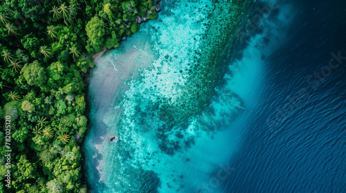 A photo of The turquoise waters and lush greenery of Raja Ampat's remote islands captured from a drone