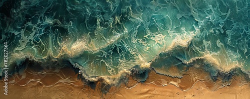 Top-down shot of cresting waves breaking on a sandy shoreline, evoking a sense of serenity and motion.