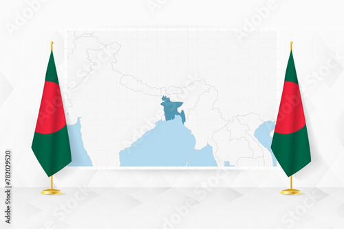 Map of Bangladesh and flags of Bangladesh on flag stand.