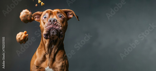 dog is eating a bunch of food and has a surprised look on its face. dog is surrounded by food, with some of it falling out of its mouth. ultra-humorous and dynamic photo of a dog trying to catch food