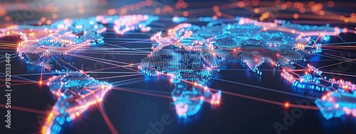 High tech digital world map with glowing connections between countries representing global business networks and flow of information