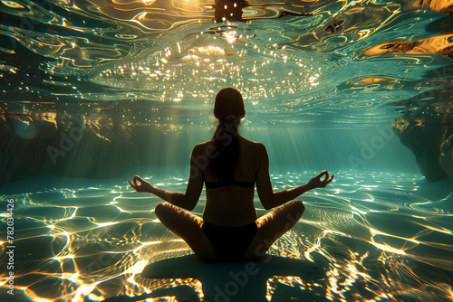 Underwater Yoga: silhouette of woman practicing yoga poses underwater in a clear pool, creating an ethereal feel. wellness, mindfulness