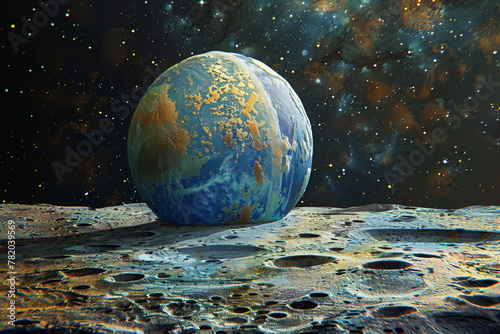 Generate an AI-rendered abstract perspective from the moon's surface, capturing Earth as a colorful orb suspended in the vastness of space