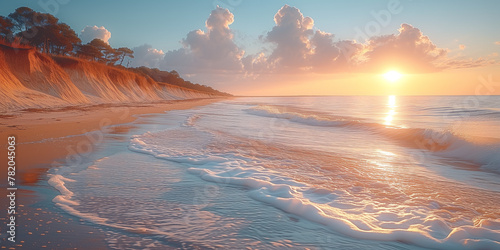 Serene sunset over tranquil beach with soft foamy waves