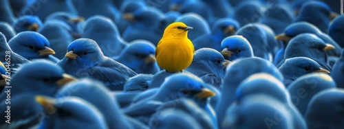 vibrant yellow bird stands out in crowd of identical blue birds, symbolizing individuality, uniqueness, and courage to be different in conformist society.