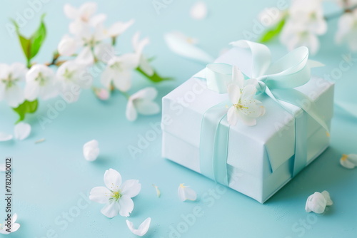 Small pale blue gift box with blue ribbon bow isolated on pastel blue background with spring apple white flowers.