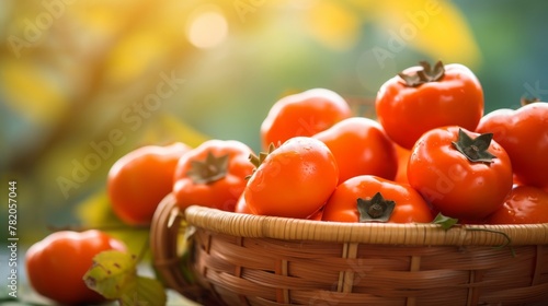 Bokeh background with a basket of ripe persimmons
