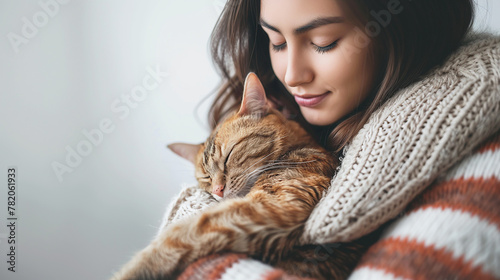 girl with cat, background for pet care. Generative AI.